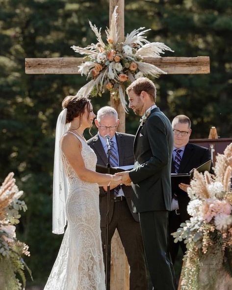 Floral Cross Pampas Grass Cross Wedding, Wooden Cross Wedding Arch, Cross Arch Wedding, Wedding Cross Arch, Wedding Arch With Cross, Pampas Arbor, Wedding Bouquets With Pampas, Cross Arbor Wedding, Cross Alters For Weddings