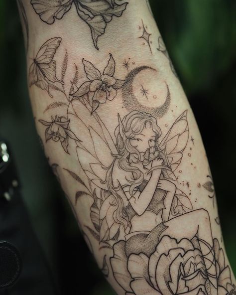 Whimsical Tattoo Arm Sleeve, Fairy In Garden Tattoo, Peony Fairy Tattoo, Large Fairy Tattoo, Faerie Tattoo Sleeve, Fairy Flowers Tattoo, Fineline Patchwork Tattoo Sleeve, Fairy Themed Tattoo Sleeve, Whimsigoth Tattoo Sleeve