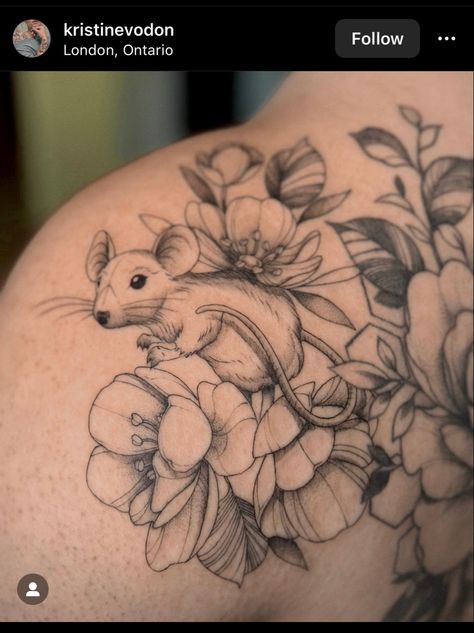 Mouse In Flower Tattoo, Floral Mouse Tattoo, Mouse Reading A Book Tattoo, Mouse And Flower Tattoo, Mouse Flower Tattoo, Mouse And Cheese Tattoo, Mice Tattoo Design, Cat And Mouse Tattoo, Field Mouse Tattoo