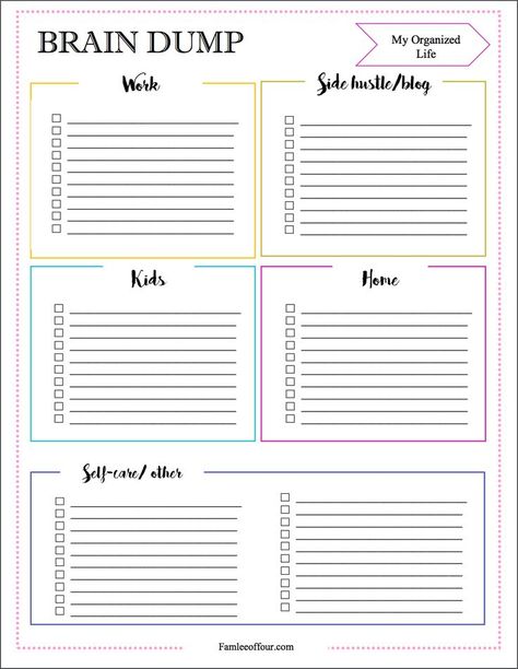 I love how this free printable incorporates work as a category. The Brain Dump method is a great way to get your thoughts out and get organized. Brain Dump Categories, Brain Dump List, Brain Dump Bullet Journal, Coping Toolbox, Productivity Work, Brain Dumping, Organize Life, Relapse Prevention, Mom Brain