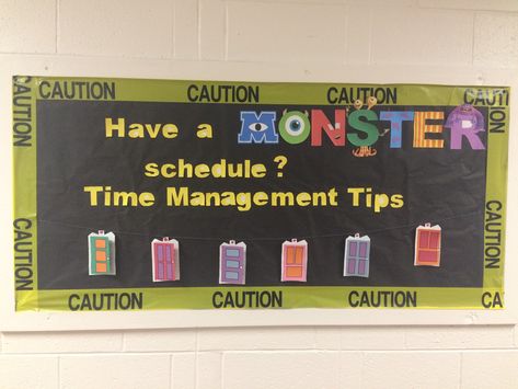 Monsters inc RA bulletin board for time management Monsters Inc Ra Bulletin Board, Monsters University Bulletin Board, Monsters University Ra Theme, Monsters Inc Bulletin Board, Residence Life Bulletin Boards, Door Decorations College, Resident Assistant Bulletin Boards, Nurse Bulletin Board, Dorm Door Decorations