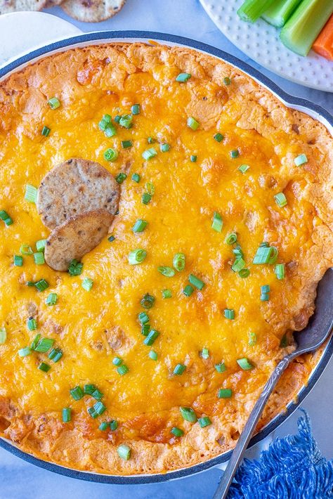 This Vegetarian Buffalo Chickpea dip is quick and easy to throw together and only bakes for about 25 minutes. This dip is a delicious chicken-free version of buffalo chicken dip that tastes almost identical! This cheesy vegetarian dip is great enjoyed with crackers, veggies or chips. Serve as a side dish, appetizer or snack. #buffalodip #chickpeadip #vegetarianappetizer #chipsanddip #newyearsappetizer Mardi Gras Appetizers, Christmas Seafood, Hot Crab Dip Recipe, Mexican Corn Dip, Chickpea Dip, Shrimp Dip, Shrimp Cakes, Hot Crab Dip, Crab Dishes