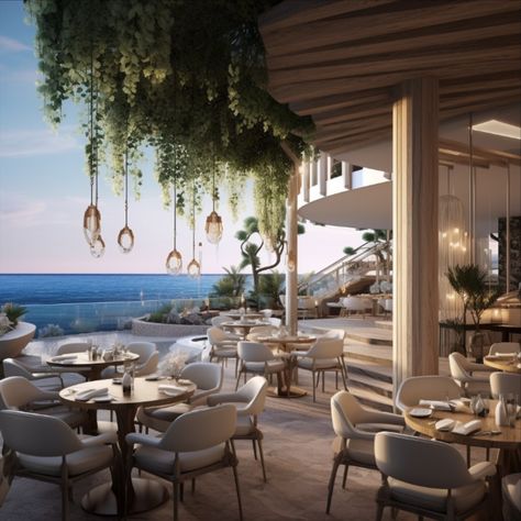 Restaurant With Sea View, Sea View Restaurant, Resturant Interior, Salon Aesthetic, Modern Restaurant Design, Tropical Luxury, Dining Interior, Terrace Restaurant, Restaurant Seating