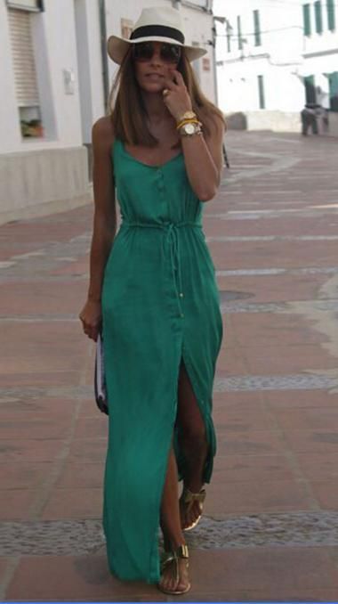 A maxi dress with a split is a great way to show off your legs. This dress is perfect for a night out or a special event. #maxidress #splitdress #spaghettistrapdress #vneckdress https://whispers-in-the-wind.com/category/outfits/?spaghetti-strap-v-neck-pure-color-split-long-maxi-dress Long Dress Patterns, Look Boho Chic, Split Long Dress, Long Summer Dresses, Spring Summer Outfits, Pure Color, Holiday Outfits, Look Fashion