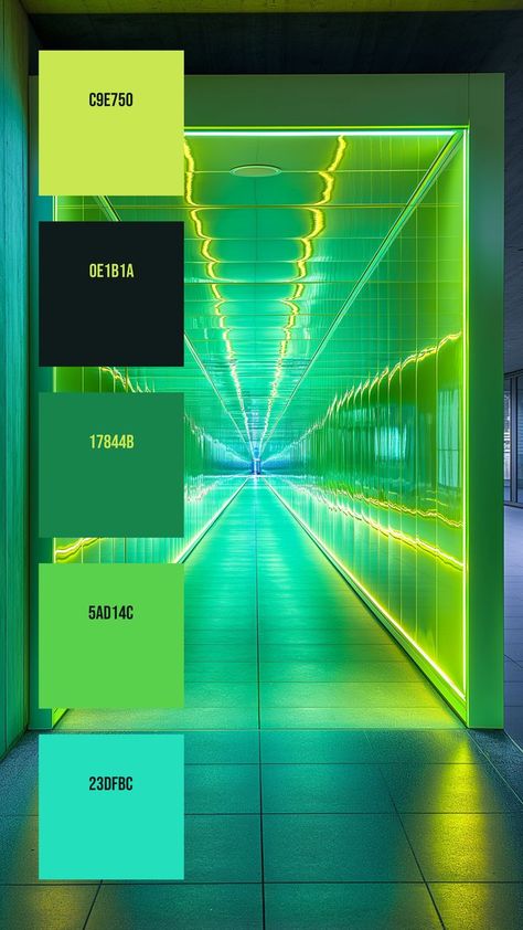 Colors: C9E750 ° 0E1B1A ° 17844B ° 5AD14C ° 23DFBC Neon Colour Palette, Green Corridor, Speculative Design, Graphic Design Portfolio Layout, Christmas Color Palette, Concrete Ceiling, Teal Green Color, Color Catalog, Color Schemes Colour Palettes