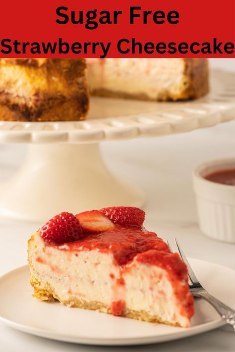 This rich and creamy sugar free strawberry cheesecake is made with a low carb crust and layered with a sugar free strawberry puree. Because it is so thick and filling, a small slice will satisfy all your cheesecake cravings! Jello Sugar Free Cheesecake Pudding, Sugar Free Cheesecake Pudding Recipes, Low Cal Strawberry Cheesecake, Strawberry Banana Pudding Recipe, Keto Strawberry Cheesecake Recipes, Low Carb Crust, Keto Strawberry Cheesecake Muffins, Sugar Free Strawberry Cheesecake, Keto Strawberry Cheesecake