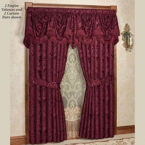 Luxury Window Treatments, Burgundy Curtains, Scalloped Valance, Chenille Curtains, Traditional Curtains, Elegant Bedroom Decor, Living Room Drapes, Decorative Curtain Rods, Romantic Bedroom