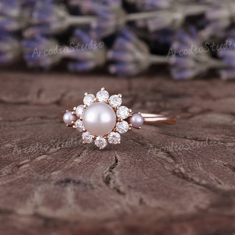 RS: 8 US, 14k White & Moissanite. Pink And Pearl Engagement Ring, Rose Gold Pearl Engagement Ring, Pearl Engagement Ring Gold, Pearl Diamond Engagement Ring, Wedding Rings With Pearls, Engagement Rings With Pearls, Pearl Ring Designs Unique, Engagement Ring With Pearls, Rose Engagement Ring Flower