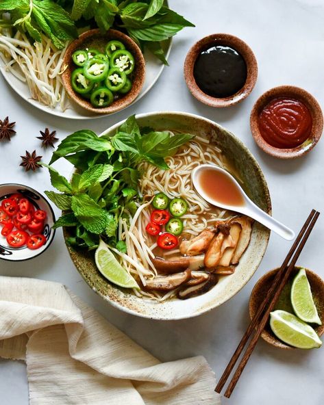 Vegan Pho (Vietnamese Noodle Soup) — Rio's Garden Food Festival Design, Vegan Pho Recipe, Vietnamese Noodle Soup, Pho Noodle Soup, Vegan Pho, Pho Restaurant, Vietnamese Soup, Vietnamese Street Food, Pho Noodles