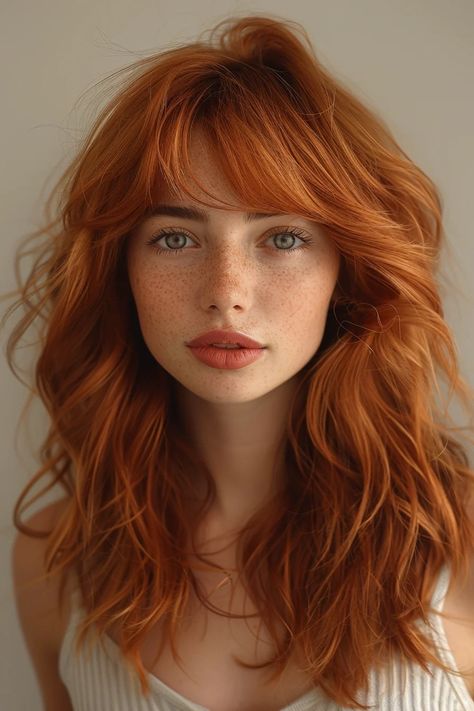 Medium Length Haircut Redhead, Long Copper Hair With Layers, Short Layer Hair With Bangs, Shoulder Length Red Hair With Layers, Bangs Copper Hair, Soft Curtain Bangs, Copper Hair Color Ideas, Long Haircut, Blonde Layers