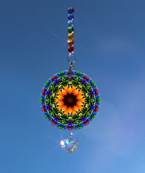 Sunflower Suncatcher, Crystal Sun Catcher Mobile, Light Catcher, Window Hanging Prism Suncatcher, Rainbow Maker, Sunflower Ornament A by MotherNatureMandalas on Etsy Sunflower Suncatcher, Mandala Nature, Mobile Light, 15th Anniversary Gift, Prism Suncatcher, Suncatcher Window, Unique Gifts For Mom, Flower Essences, Rainbow Maker