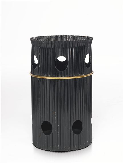 View JAVA UMBRELLA STAND Designed by Mathieu Matégot; perforated and corrugated metal and gilt metal; 19 in. (48.3 cm) high; . Access more artwork lots and estimated & realized auction prices on MutualArt. Umbrella Stand Design, Mathieu Mategot, French Icons, Corrugated Metal, Umbrella Stand, Modernism, Java, Trash Can, Umbrella