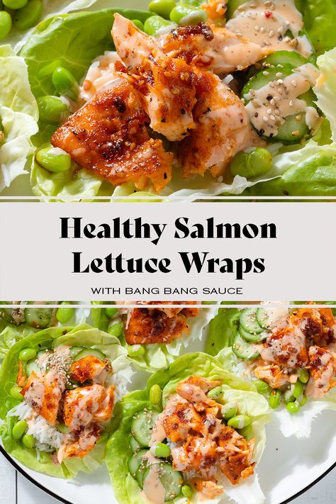 These Salmon Lettuce Wraps are the perfect lunch or light dinner to make in the spring and summer! Lettuce boats instead of tortillas topped with fluffy rice, tangy cucumber salad, edamame beans, and roasted salmon drizzled with delicious sweet and spicy bang bang sauce. Healthy Shrimp Lettuce Wraps, Smoked Salmon Lettuce Wraps, Salmon Lettuce Boats, Lettuce Boat Recipes, Salmon Lettuce Wraps, Salmon Pesto Pasta, Pescatarian Dishes, Pesto Tortellini Salad, Salmon Pesto