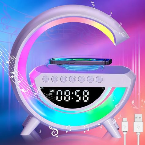 Wireless Speaker Charger, G Shaped LED Wireless Table Speaker Atmosphere Night Light with 15W Wireless Charger Led Alarm Clock Dimmable Ambient Light LED Wireless Charging Speaker for Office Bedroom Fish Makeup, Led Alarm Clock, Charger Stand, Bluetooth Audio, Wireless Speaker, Video Games Pc, Ambient Light, Smart Lighting, Home Tv