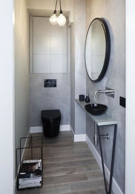 22 Examples Of Minimal Interior Design / Modern Floor Tiles, Interior Design Examples, Toilette Design, Bathroom Design Black, Minimal Interior Design, Black Toilet, Guest Toilet, Bad Inspiration, Small Toilet