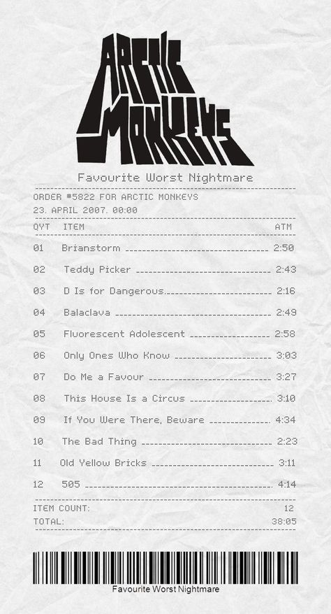 Favourite Worst Nightmare Arctic Monkeys album receipt. Arctic Monkeys Album Cover, Arctic Monkeys Album, Favourite Worst Nightmare, Album Receipt, Arctic Monkeys Lyrics, Arctic Monkeys Wallpaper, Grunge Posters, Monkey Wall, Monkey Wallpaper