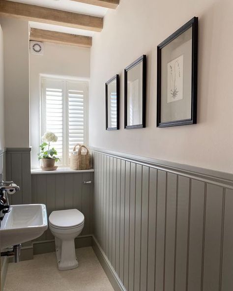 Beth on Instagram: "‘HARDWICK WHITE’ Loving the new @farrowandball colour, that we recently added to the panelling, in our downstairs cloakroom. Previous to this, it was painted in @farrowandball Pigeon, which was equally as nice, but the ‘Hardwick White’ is just a touch softer. My prints on the wall which beautifully compliment the new colour panelling, were from @themuseehome. Walls above the panelling, were painted in @lauraashleyuk Ivory. Have a great Tuesday! Xx #paint #farrowandball #toi Toilet Panelling, Have A Great Tuesday, Small Downstairs Toilet, Cloakroom Toilet, Downstairs Cloakroom, Toilet Room Decor, Bathroom Paneling, Small Toilet Room, Bathroom Wall Panels