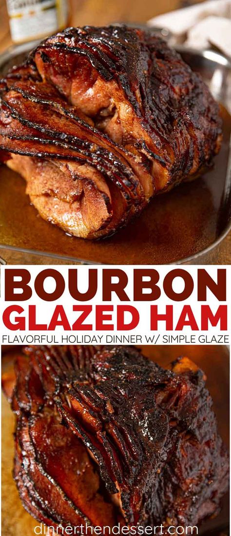 Bourbon Glazed Ham is an easy, flavorful main dish for the holidays. Simple glaze of bourbon, brown sugar, and orange juice, ready in just a few hours. #ham #roastedham #bourbon #bourbonham #glazedham #christmasdinner #holidaydinner #dinnerthendessert Bourbon Glazed Ham, Orange Glazed Ham, Maple Glazed Ham, Honey Bourbon, Roasted Ham, Ham Glaze Recipe, Easter Ham, Glazed Ham, Easter Dinner Recipes