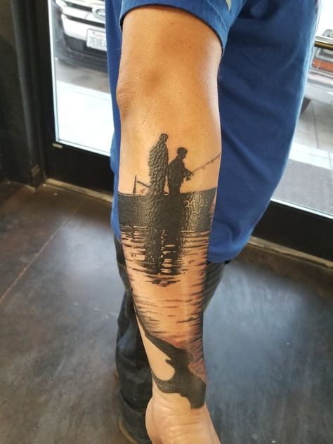 Forever Fishing Tattoo, Fishing Tattoo For Men Sleeve, Fishing Sleeve Tattoo, Men Fishing Tattoos, Fishing Tattoo For Men, Commercial Fishing Tattoos, Fishing Silhouette Tattoo, Fishing Rod Tattoo, Men’s Fishing Tattoos