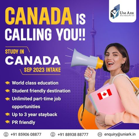 Applications are open for the next CANADA intake!✈️ Canada🇨🇦 is one of the top study destinations in the world to study higher education. Uniark provides expert support and advice to students who want to study in Canada. Make Your Dream of Studying in Canada Make True! For enquiries visit: 🌐 www.uniark.in 📍 Ernakulam Contact: Kavitha Sreegovind ☎ 0484-4027772, +91 8590708877 📍 Calicut: +91 9781888777 �📍 Dubai: +971505613495 #StudyAbroad #Canada #Uniark #StudyInCanada Canada Study Visa, Canada Study, Study In Canada, Part Time Jobs, Creative Ads, Job Opportunities, To Study, Study Abroad, Ad Design