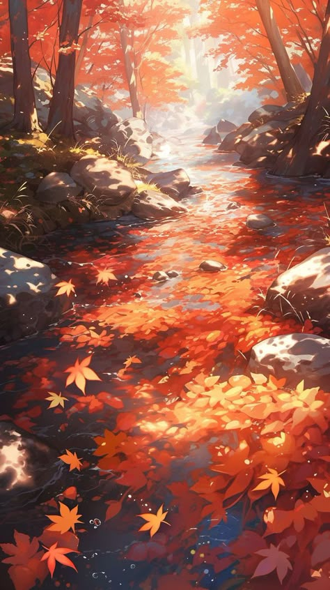 Japanese Autumn Wallpaper, Fall Background Landscape, Fall Wallpaper Tablet, Autumn Forest Drawing, Anime Fall Wallpaper, Anime Fall Aesthetic, Dear Aesthetic, Fall Concept Art, Fall Anime Aesthetic