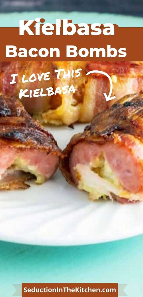 Quick Chocolate Mousse, Bacon Wrapped Kielbasa Bites, Bacon Wrapped Kielbasa, Kielbasa Appetizer, Grilled Kielbasa, Kabasa Recipes, Kielbasa Bites, Bacon Recipes Appetizers, Cream Cheese Appetizer