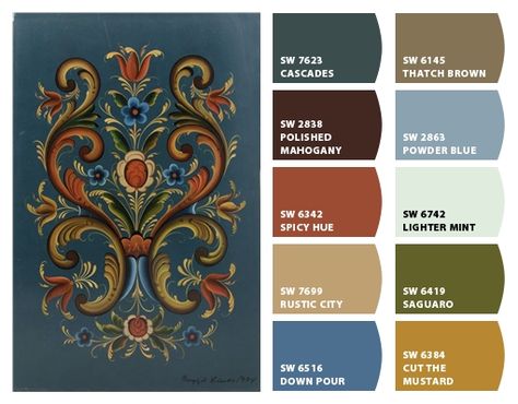 "Rosemaling-Norwegian Tradition" Color Palette Inspiration Chip It! by Sherwin-Williams – Home Nashville Color Palette, Norwegian Color Palette, Arts And Crafts Color Palette, Norway Color Palette, Traditional Tattoo Color Palette, Folk Art Color Palette, Tattoo Color Palette, Traditional Colour Palette, Scandinavian Color Palette