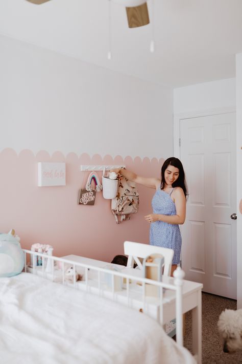 How To Paint a Scalloped Wall | Loving Littles Princess Room Paint Ideas Wall Colors, Scalloped Pink Wall, Scalloped Half Wall, Painted Wall Nursery, Scalloped Archway, Scalloped Paneling, Toddler Room Ideas Girl, Scallop Wall, Wall Painting Designs