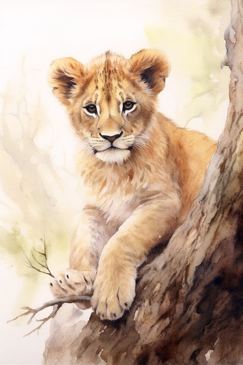 Animal Soft Pastel, Soft Pastel Art Animals, Lion Watercolor Painting, Watercolour Lion, Lion Drawings, Safari Mural, Baby Animal Painting, Cubs Wallpaper, Lion Watercolor