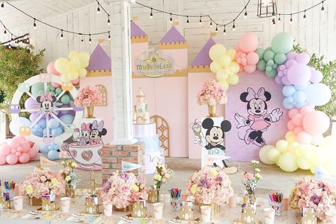 MiaBellaLand ✨ Happiest Place On Earth! 🎡 Design + Balloons + Backdrop + Flowers + kids table @janettloveshop Venue @thebigwhitebarn18 Cake @miamicustom_cakes_events #disneyland #disneylandtheme #disneylandthemeparty #disneylandthemedecor #disneylandkidstable #disneylandcenterpieces #disneylanddecorations #disneylandballoons #disneylandcastle #disneylandbackdrop #castlebackdrop #mickey #minniemouse Disney Theme Balloon Decoration, Disney Pastel Birthday, Disneyland Theme 1st Birthday Party, Disneyland 2nd Birthday, Disneyland Backdrop, Pastel Disney Party, Disney First Birthday Girl, Disney Party Decor, Disneyland Theme Birthday Party