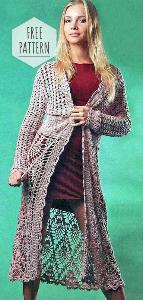 Crochet Long Cardigan Free Pattern Crochet Coat Pattern, Crochet Long Cardigan, Cardigan Free Pattern, Crochet Bodycon Dresses, Crochet Cardigan Pattern Free, Crochet Vintage, Cardigan Vintage, Crochet Coat, Crochet Jacket