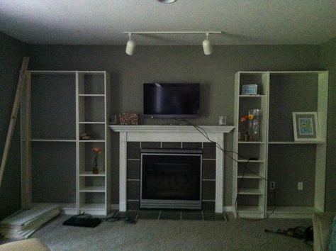 Faux Built In: Billy Bookcase Ikea Hack | HeartHavenHome  What are we really going to put in the bookshelves? Built In Billy Bookcase, Bookcase Ikea Hack, Billy Bookcase Ikea, Bookshelves Around Fireplace, Bookcase Ikea, Corner Fireplace Makeover, Diy Kallax, Fireplace Bookcase, Built In Bookshelves