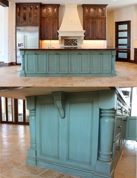 How to: Paint cabinets (secrets from a professional). All the tips and tricks you will ever need to know, straight from a faux painter. Gorgeous, giant  turquoise island, with antique glaze finish. Theraggedwren.blogspot.com Top Kitchen Paint Colors, Antique Glaze, Pub Kitchen, Paint Cabinets, Kitchen Cabinet Color Ideas, Best Kitchen Cabinets, House Makeover, Bar Designs, Kitchen Paint Colors