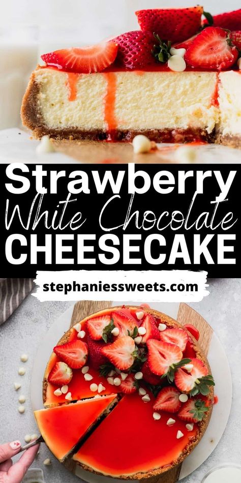 This white chocolate cheesecake is a creamy baked cheesecake with a strawberry glaze. This cheesecake has a graham cracker crust and a white chocolate cheesecake. It is topped with a homemade strawberry glaze and fresh strawberries Homemade Strawberry Glaze, Chocolate Ganache Cheesecake, Baked White Chocolate Cheesecake, Chocolate Covered Strawberry Cake, Chocolate Strawberry Cheesecake, Strawberry White Chocolate, Baked Cheesecake, White Chocolate Strawberries, White Chocolate Cheesecake