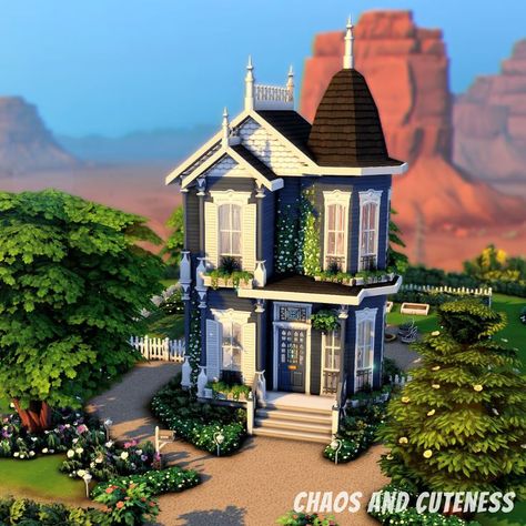 In episode number four of The Sims 4 "Every World as a Tiny Home", I've created this tiny Queen Anne Victorian to represent the world of Strangerville. Check it out in the speed build! #thesims4 #sims4 #sims4tinyhouse #sims4tinyhome #thesims4tinyhouse #thesims4tinyhome #thesims4strangerville #thesims4victorianhouse #sims4victorianhouse #sims4build #thesims4build #thesims4speedbuild #sims4speedbuild #sims4house #thesims4house #victorianhouse #queenannehouse #queenannevictorian #chaosandcuteness Sims 4 Victorian House, Sims 4 Loft, Victorian Tiny House, Sims 4 City Living, Sims 4 House, Queen Anne House, San Myshuno, Queen Anne Victorian, Sims 4 Speed Build