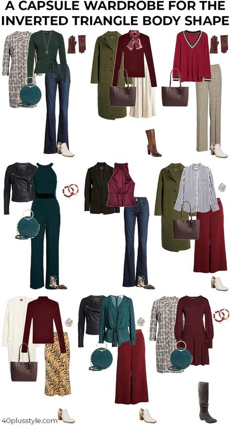 Business Casual Outfits Inverted Triangle, Capsule Wardrobe For Inverted Triangle Body Shape, Capsule Wardrobe For Inverted Triangle, Outfits For Inverted Triangle Shaped Women, Skirt For Inverted Triangle Body Shape, How To Dress For An Inverted Triangle Body Shape, Inverted Triangle Outfits Black Women, Inverted Triangle Fall Outfits, Style For Inverted Triangle Body Shape