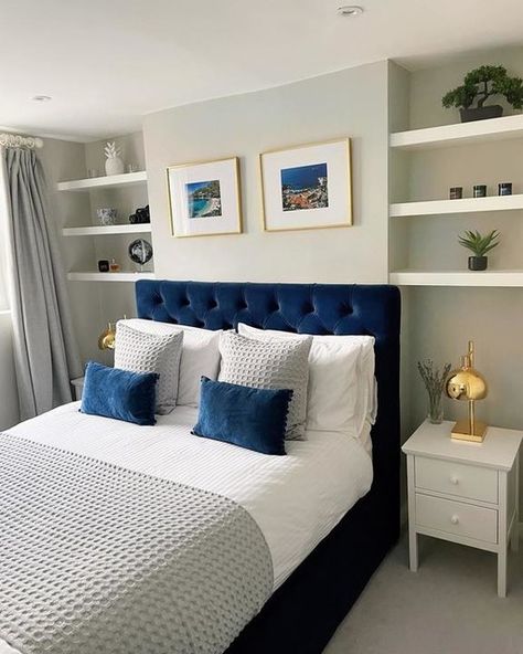 Blue Headboard Bedroom Decor, Blue Bed Interior, Bedroom Ideas Blue Bedframe, Bedrooms With Blue Headboards, Room With Blue Bed, Cozy Bedroom Blue Bed, Velvet Blue Bedroom Ideas, Bedding For Blue Headboard, Royal Blue Bed Frame Bedroom Ideas