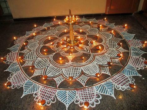 Tat Asmi Prabhu - Light of Lights. KARTHIGAI DEEPAM. God is Light, and Light is God. Karthigai Deepam Decoration, Kolam Dots, Deepam Kolam, 3d Rangoli, Karthigai Deepam, Diwali Decorations At Home, Colorful Rangoli, Rangoli Borders, Padi Kolam