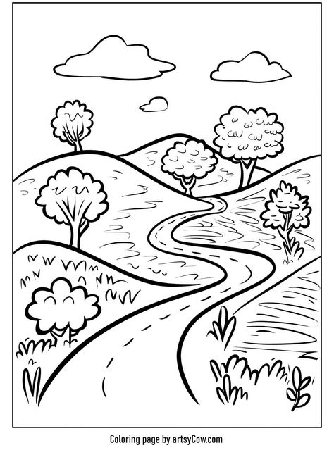 countryside road scene with hills, trees, and clouds Road Drawing Simple, Road Drawing, Trees And Clouds, Hill Landscape, Coloring Pages Nature, Pencil Drawings Easy, Easy Coloring Pages, Marker Drawing, Nature Themed