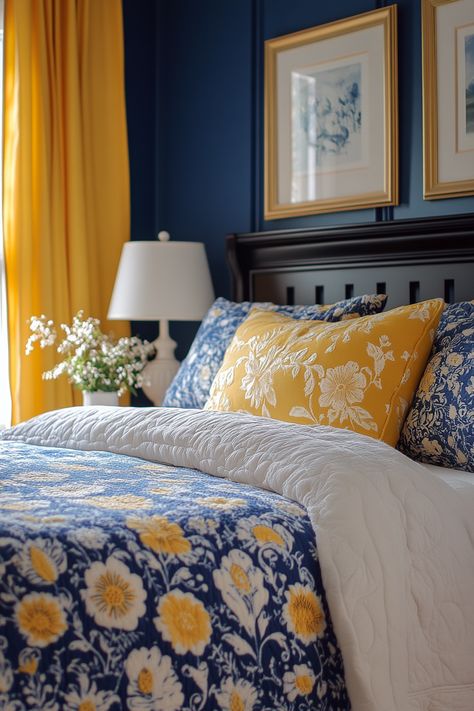 Imagine a bedroom that feels like a royal retreat.  Explore 25 royal blue and gold bedroom ideas for inspiration.  Find the perfect balance of deep blue walls, gold accents, and elegant details like tufted headboards, ornate chandeliers, and gilded decorative objects.  Transform your space into a luxurious haven. Blue Gold Bedroom Ideas, Royal Blue And Gold Bedroom, Blue Gold Bedroom, Blue And Gold Bedroom Ideas, Blue And Yellow Bedding, Gold Bedside Lamps, Royal Blue Curtains, Royal Blue Throw Pillows, Blue Yellow Bedrooms