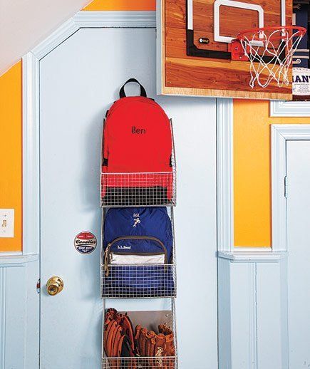 Over The Door Backpack Storage, Storing Backpacks At Home, Bedroom Backpack Storage, Kids School Bag Storage Ideas, How To Store Backpacks, Book Bag Storage Home, Overdoor Storage, Prada Products, Linen Closet Organization Hallway