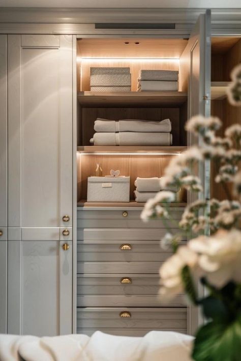 How To Build A Linen Closet In A Hallway: DIY Storage Linen Closet Design Hallways, Linen Cabinets In Hallway, Linen Dresser Storage, Linen Closet Cabinet, Ikea Pax Linen Closet, Hallway Open Closet, Modern Linen Closet, Linen Closet Remodel Hallways, Linen Closet Diy Hallway