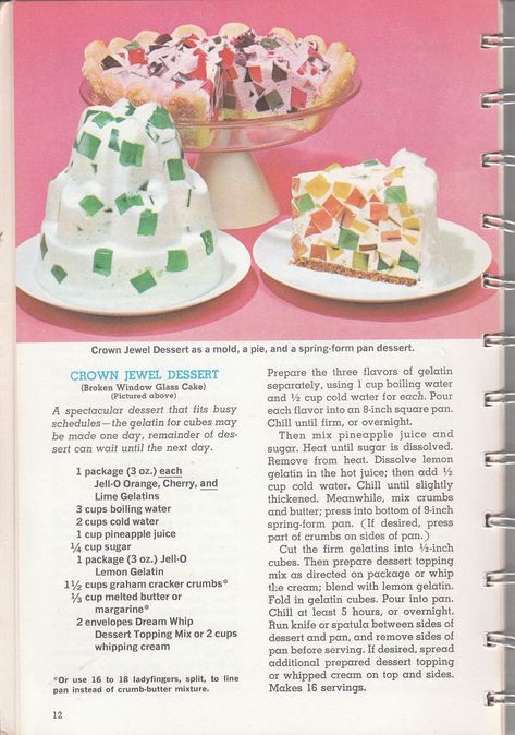 https://flic.kr/p/67j1xc | Crown Jewel Dessert | As a mold, a pie and springform pan dessert.  Made this one too. It wasn't pretty.  From Joys of Jello Old Recipe Book, Astronaut Wives Club, Jewel Cake, Jello Mold Recipes, Vintage Jello Molds, The Crown Jewels, Jello Cake, Jello Desserts, 50s Retro