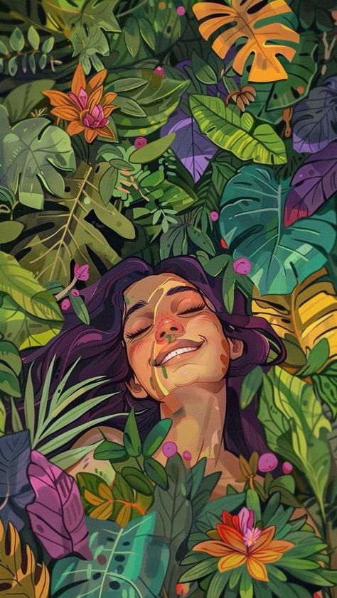 Smiling Woman Painting, Colour Full Drawing, Natural Woman Aesthetic, Forest Aesthetic Painting, Phone Wallpaper For Women, Woman Wallpaper Iphone, Wallpaper Iphone Inspiration, Woman Aesthetic Wallpaper, Wallpaper Vibrant