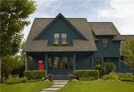 Look at the paint color combination I created with Benjamin Moore. Via @benjamin_moore. Body: Salamander 2050-10; Trim: Salamander 2050-10; Door: Caliente AF-290. Navy Blue Houses, Green Exterior House Colors, Green House Exterior, Best Exterior House Paint, Benjamin Moore Exterior, House Paint Color Combination, Brown Roof, Color Combinations Paint, Exterior House Paint Color Combinations