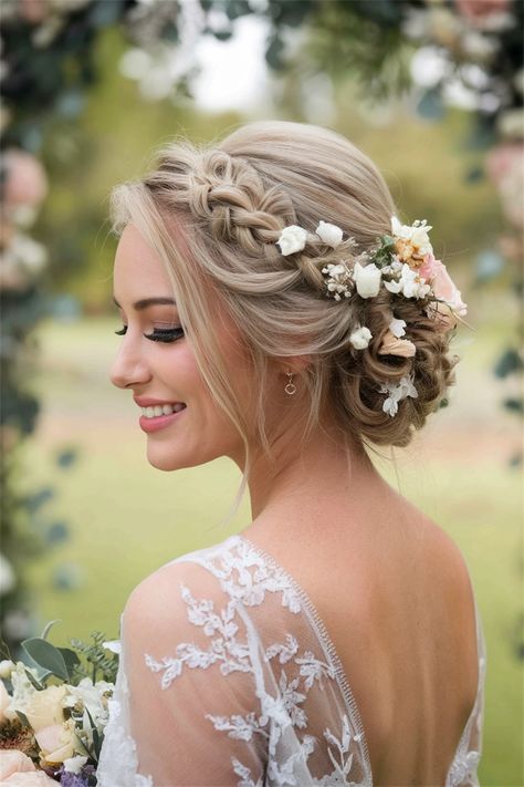 Elevate your wedding day look with this enchanting updo, one of the most adorable cute hairstyles for brides. Perfectly crafted, this style features elegant twists and delicate braids, creating a romantic vibe that will turn heads as you walk down the aisle. Pair with floral accents to enhance the dreamy aesthetic. Discover how this timeless look can complement your bridal gown and make your special day unforgettable! Bride Hairstyles Garden Wedding, Hairstyles For Brides, Garden Wedding Hairstyles, Elegant Floral Wedding, Floral Wedding Hair, Charming Wedding, Dreamy Aesthetic, Wedding Hairstyles Bride, Wedding Updo