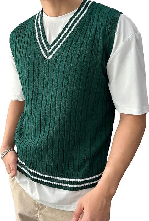 SOLY HUX Men's Striped Sweater Vest V Neck Sleeveless Casual Tank Top Dark Green Striped M at Amazon Men’s Clothing store Mens Striped Sweater, Striped Sweater Vest, Cable Knit Sweater Vest, V Neck Vest, School Sweater, Sleeveless Sweater Vest, Knit Sweater Vest, Sweater Tops, Character Aesthetics