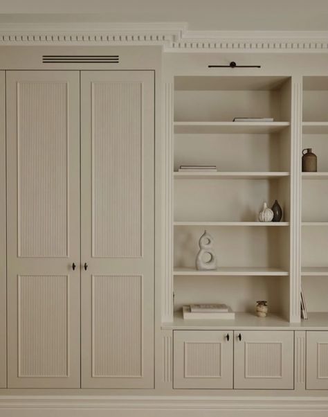 Built Ins With Cabinets, Lime White Farrow And Ball, Elegant Wardrobe Design, Cabinet Profiles, Built In Cabinets Living Room, Living Room Built In Cabinets, Painted Built Ins, Joinery Design, Built In Cabinet