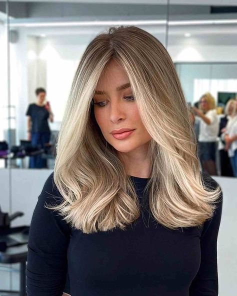 blonde-hair-with-a-light-blonde-money-piece Angled Hair, Blond Highlights, Timeless Hairstyles, Blonde Lowlights, Light Blonde Highlights, Middle Part Hairstyles, Spring Hair, Blonde Hair Inspiration, Blonde Hair With Highlights