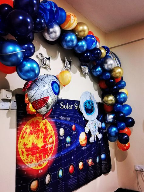 An arch of balloons of space and solar system theme with a banner of solar system Solar System Birthday Party Decorations, Space Themed Birthday Party, School Birthday Treats, Space Themed Birthday, Planet Design, Birthday Treat, School Birthday, Space Planets, Birthday Party Decor